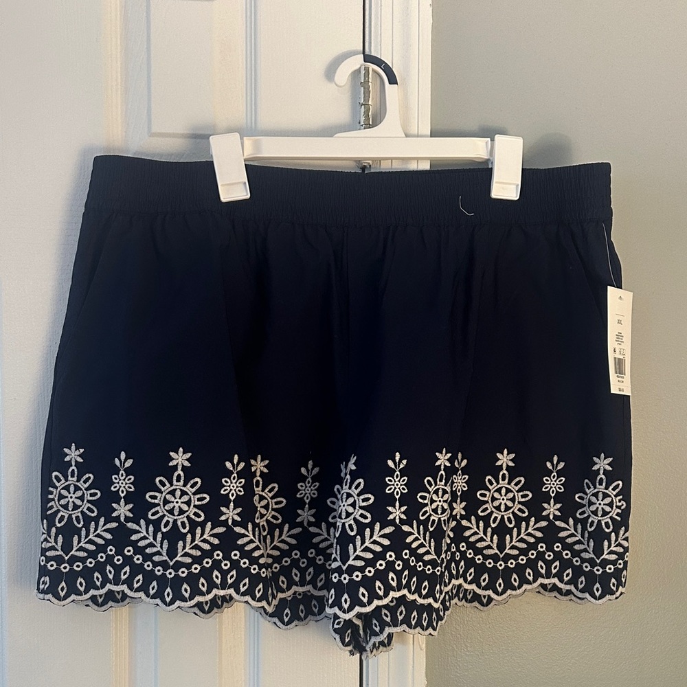 crown & ivy Navy Shorts with White Floral Embroidery